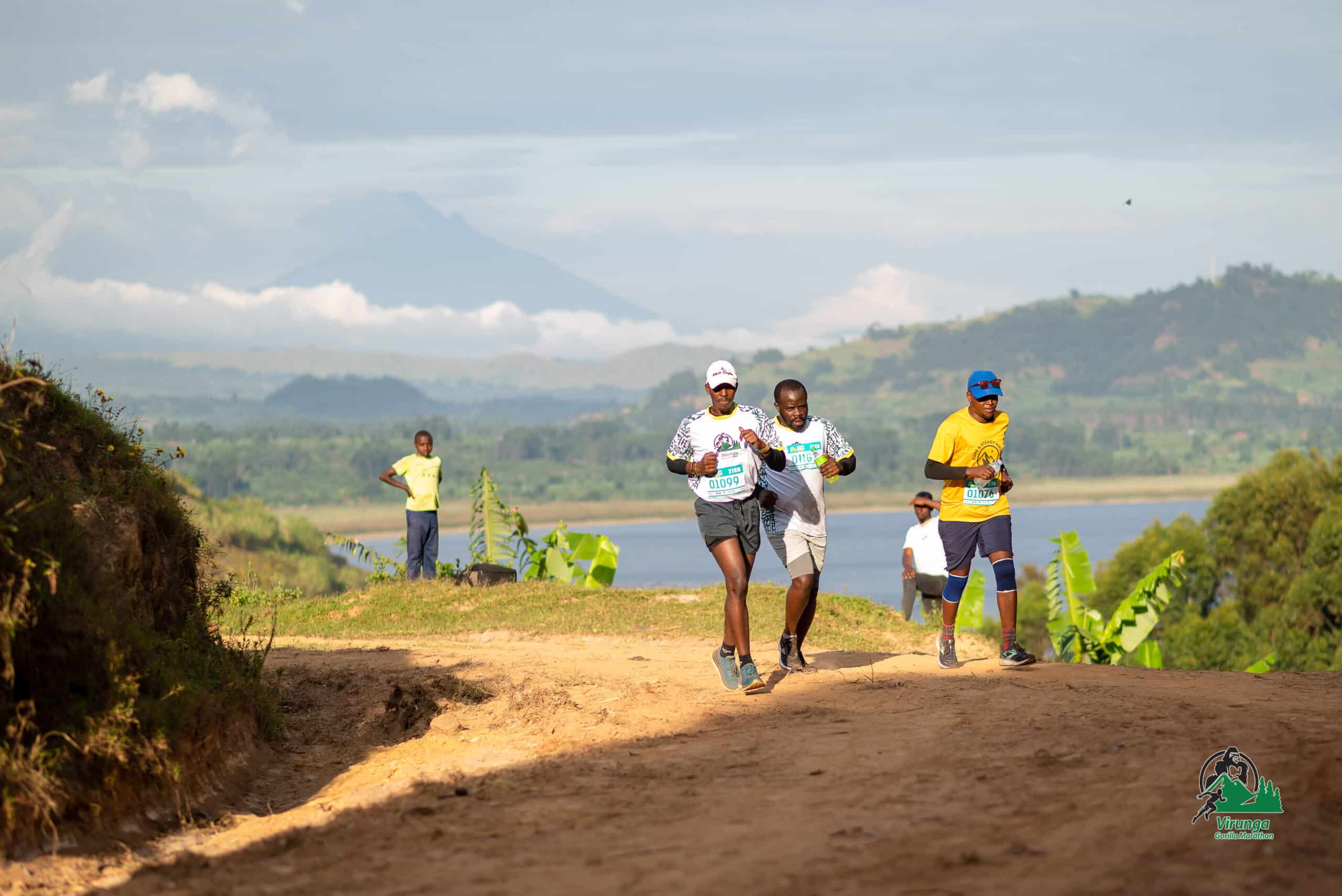 Runners celebrating together on the Virunga trails